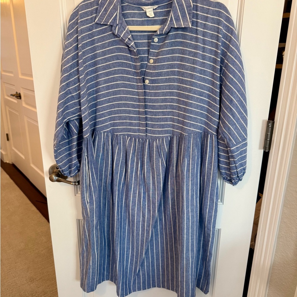 Caslon Blue and White Striped Long Sleeve Tiered Dress